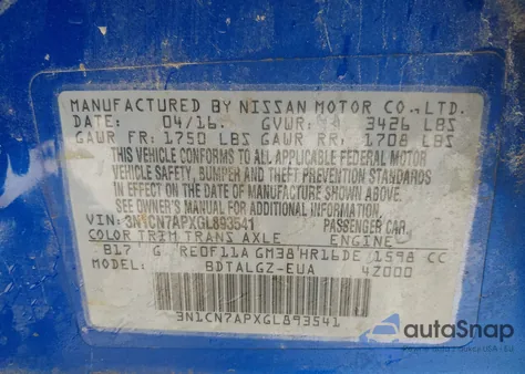 2016 Nissan Versa 1.6 Sl из США, поврежденный, VIN 3N1CN7APXGL893541